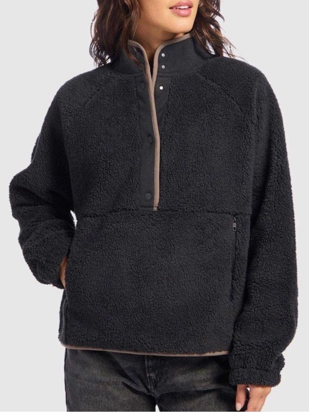 Nuuds Summit Sherpa Pullover Black Contrast Trim Snap Fleece XXL